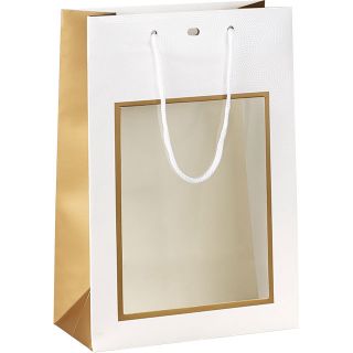 Bolsa papel blanco/cobre impresin UV ventana PET asas cordn ojal 