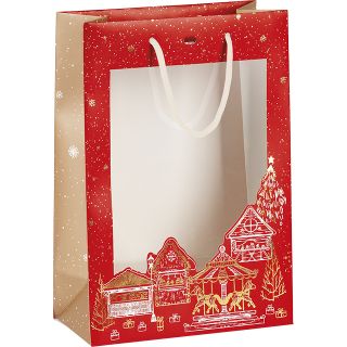 Sac papier BONNES FETES rouge/dorure  chaud or fentre PVC poignes corde or oeillet de fermeture 