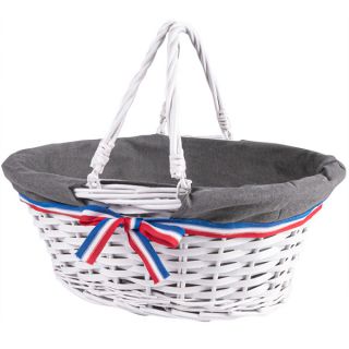 Basket wicker/wood oval white fabric foldable handles