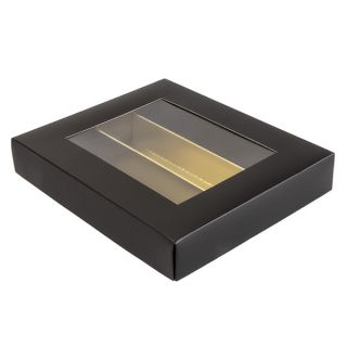 Box cardboard rectangular chocolates 3 rows black/gold PET window