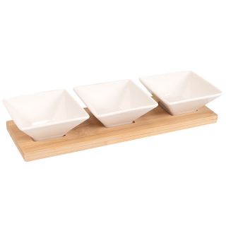 Set of 3 square porcelain ramekins wood board/white and black