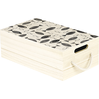 Caja madera rectangular natural/negro decoracin peces con bandeja de tapa con cuerda 