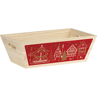 Tray wood rectangular MERRY CHRISTMAS red chalets handles