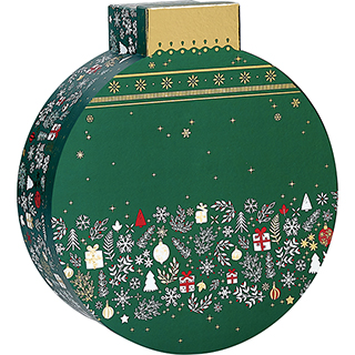 Caja de cartn forma bola de Navidad FELIZ NAVIDAD verde/blanco/rojo/estampacin en caliente dorado 