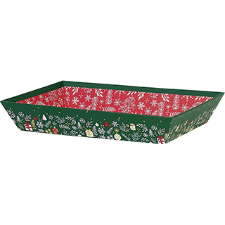 Corbeille carton rectangle BONNES FETES vert/blanc/rouge/dorure  chaud or 
