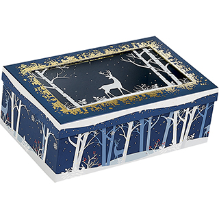 Caja de cartn rectangular azul/blanco/Ventana PVC estampacin en caliente dorado Bosque/Reno