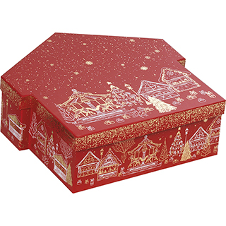 Box cardboard chalets shape red/gold hot foil stamping Bonnes Ftes