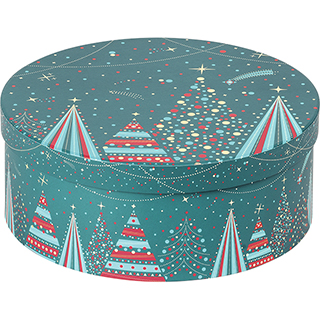 Box cardboard round MERRY CHRISTMAS blue/red/gold hot foil stamping 