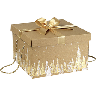 Box cardboard square kraft Christmas trees gold/white gold satin bow golden cord