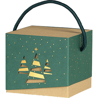Box cardboard sleeve green/copper hot foil stamping Bonnes Ftes/Christmas trees