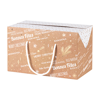 Box cardboard rectangular MERRY CHRISTMAS kraft/white/gold hot foil stamping white cord side closure delivered flat
