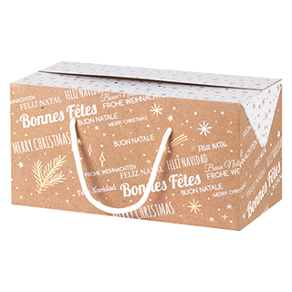 Coffret carton rectangle BONNES FETES kraft/blanc/dorure  chaud cordelettes blanches ferm. Latrales