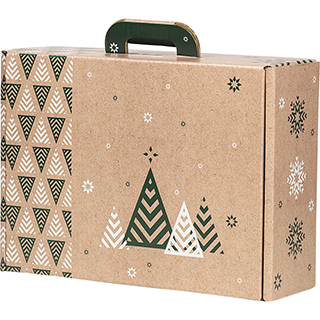 Suitcase cardboard kraft rectangular MERRY CHRISTMAS Christmas trees/green/white