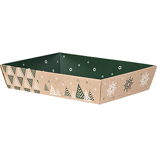 Tray cardboard kraft rectangular Bonnes Ftes Christmas trees/green/white delivered flat 