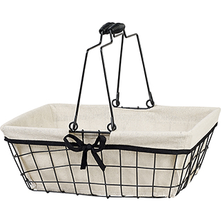 Basket rectangular metal black/lin fabric black edge foldable handles