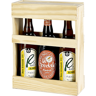 Caja madera de pino 3 botellas cerveza 75cl con tapa corredera - Dimetro de la botella 8 cm mx