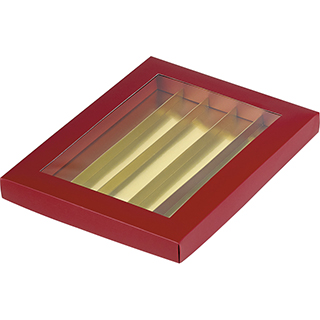 Caixa carto retangular de chocolates 5 linhas vermelhas/int. janela dourado PET 