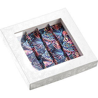 Caja cartn rectangular chocolates 4 lneas blanco/impresin UV/tropical ventana PVC