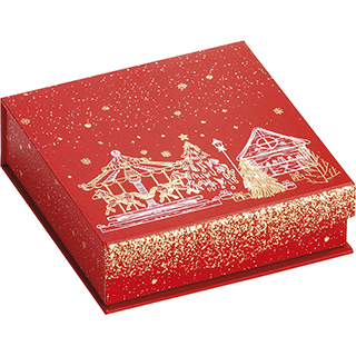 Caja cartn cuadrada chocolates 3 lneas FELIZ NAVIDAD rojo/estampacin en caliente dorado cierre magntico