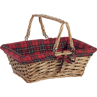 Basket wicker/wood rectangular brown red/black/gold Scottish tartan wicker handles