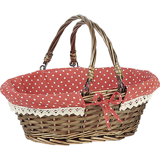 Basket wicker/wood oval brown red fabric/white dots crocheted white edge wicker handles 