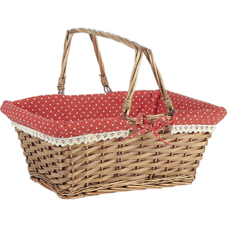 Basket wicker/wood rectangular brown red fabric/white dots crocheted white edge wicker handles 