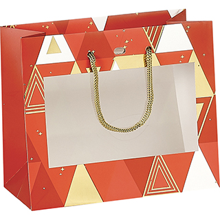 Bag paper TRIANGLES red/white/gold  PET window gold cord handles eyelet