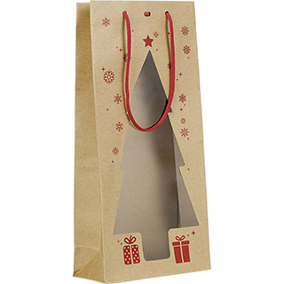 Bag Paper kraft 2 bottles PET window red Christmas tree shape red cord handles eyelet 