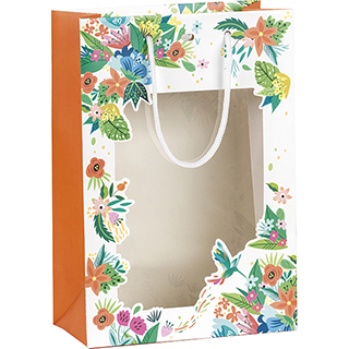 Bag paper orange/flowers PET window white cord handles eyelet