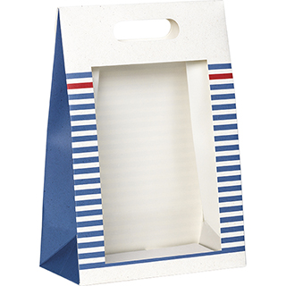 Bag paper foldover white/blue/red PET window adhesive closure SEA