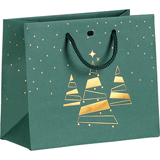 Bag paper green/copper hot foil stamping Bonnes Ftes Christmas trees green cord handles eyelet