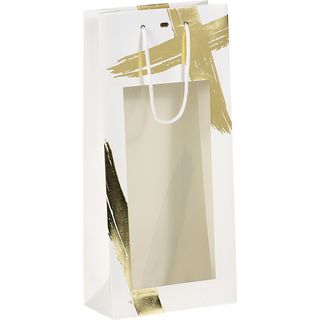 Bolsa papel 2 botellas SIGNATURE blanco/estampacin en caliente dorado ventana PET asas cordn blanco ojal separador