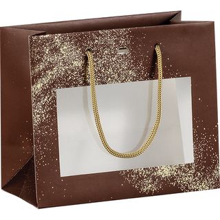 Bag paper GOLDEN POWDER brown/gold hot foil stamping PET window cord handles gold eyelet