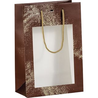 Bolsa papel POLVO DE ORO marrn/estampacin en caliente dorado ventana PET asas cordn oro ojal