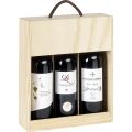 Caja de vino de madera de pino 3 botellas Burdeos con tapa media corredera con asa