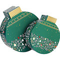 Caja de cartn forma bola de Navidad FELIZ NAVIDAD verde/blanco/rojo/estampacin en caliente dorado 