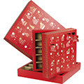 Caja cartn cuadrado calendario de adviento rojo/estampacin en caliente dorado 24 ventanas precortadas