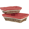 Tray wicker/wood rectangular brown red fabric/white dots crocheted white edge